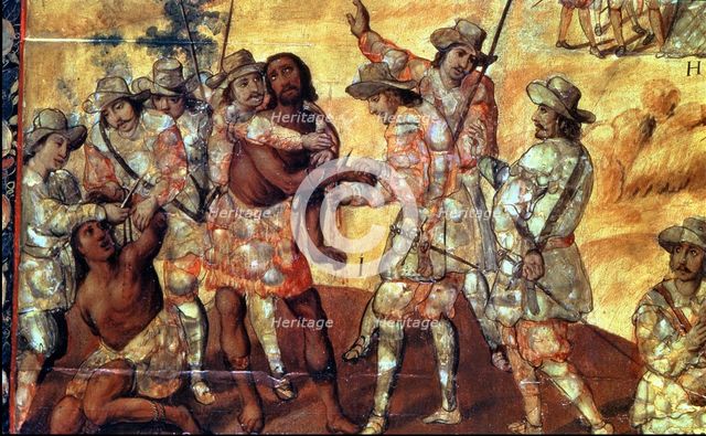 Conquerors cut the hands to two spies of Xicotenca the Younger, detail of a nacred painting, 1698.