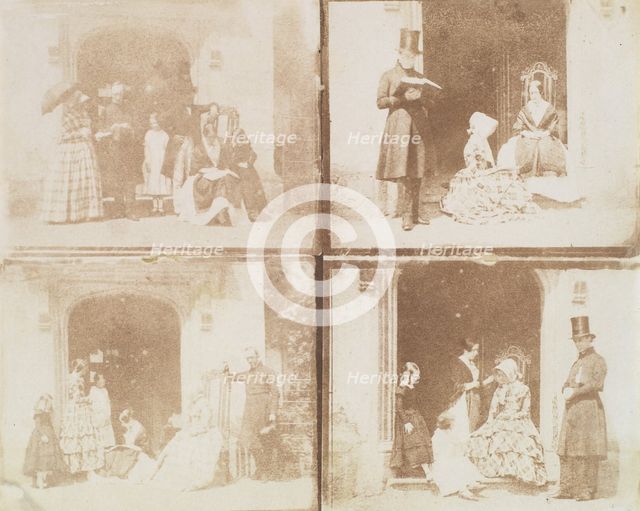 Contact sheet of four group portraits in a doorway, ca. 1850. Creator: Calvert Jones.