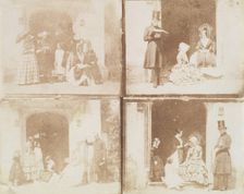 Contact sheet of four group portraits in a doorway, ca. 1850. Creator: Calvert Jones