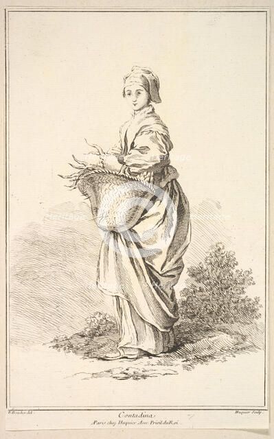 Contadina, from Recueil de diverses fig.res étrangeres Inventées par F. Boucher P...., 18th century. Creator: Gabriel Huquier.