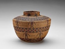 Container with human figures and rattlesnake design, 1870-1910. Creator: Unknown