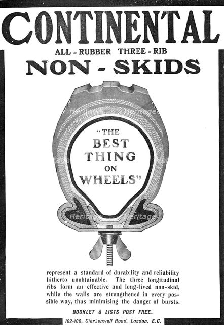 Continental all-rubber three-rib non-skids: "the Best Thing on Wheels", 1909. Creator: Unknown.