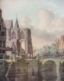 Continental River Scene with Bridge and Church c18th century. Artist: Johannes Huibert Prins