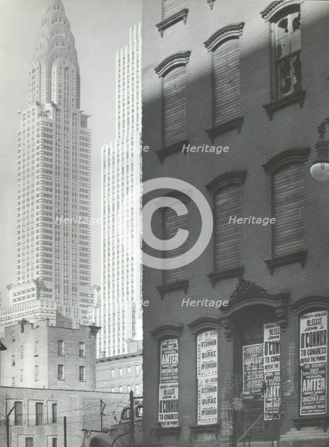 Contrasting No. 331 East 39th Street with the Chrysler building (left) and the Daily News..., 1938. Creator: Berenice Abbott.