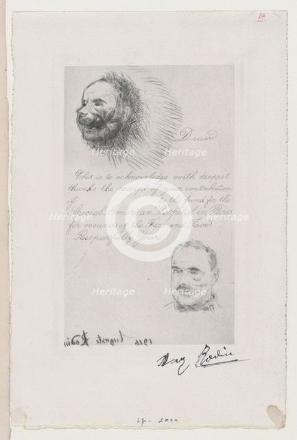 Contribution Receipt of the Special American Hospital in Paris for Wounds of the Face and ..., 1916. Creator: Auguste Rodin.