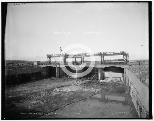 Controlling gates of canal, Michigan Lake Superior Power Co., Sault Ste. Marie, Mich., c1902. Creator: William H. Jackson.