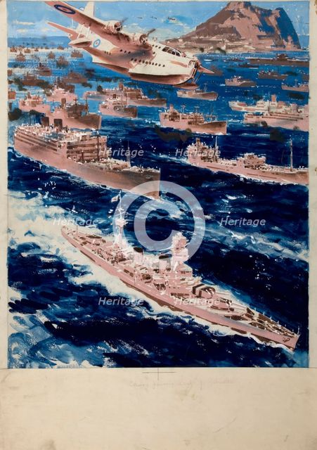 Convoy passing Gibraltar, between 1939 and 1946. Creators: Central Office of Information, Patrick Keely.