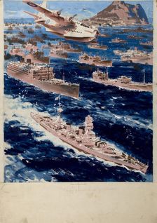 Convoy passing Gibraltar, between 1939 and 1946. Creators: Central Office of Information, Patrick Keely