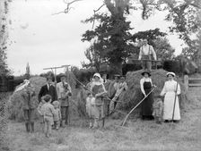 Convalescent soldiers helping women and children with haymaking, Great Dixter, East Sussex, 1916. Artist: Nathaniel Lloyd