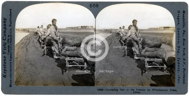 Conveying salt to the interior by wheelbarrow train, China, 1906. Artist: Keystone