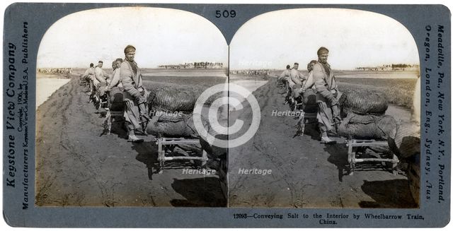 Conveying salt to the interior by wheelbarrow train, China, 1906. Artist: Keystone