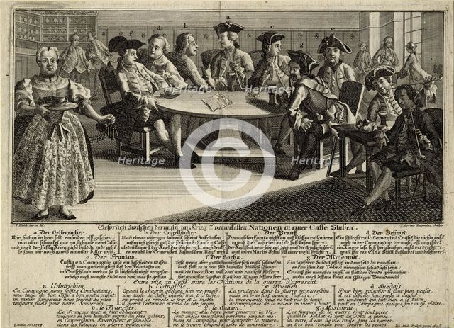 Conversation between 7 nations involved in the war in a cafe, 1757. Artist: Rugendas, Johann Lorenz, the Elder (1730-1799)