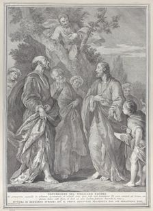 Conversion of Zacchaeus, with Christ at right addressing the tax collector, who is seat..., 1730-39. Creator: Pietro Monaco