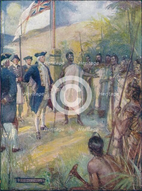 'Cook Told The Maoris That He Had Come To Set A Mark Upon Their Islands', c1908, (c1920).  Artist: Joseph Ratcliffe Skelton.