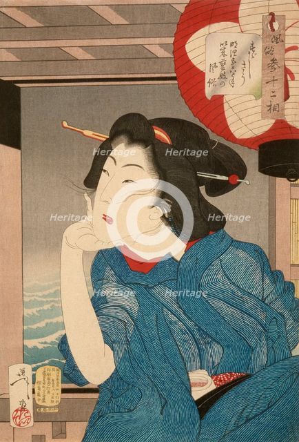 Cool: A Geisha of the Mid-1870s Seated in a Boat, 1888. Creator: Tsukioka Yoshitoshi.