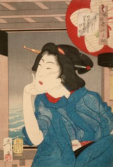Cool: A Geisha of the Mid-1870s Seated in a Boat, 1888. Creator: Tsukioka Yoshitoshi