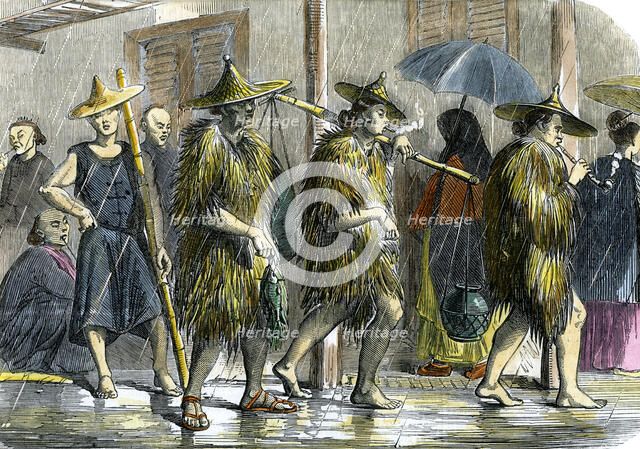 Coolies at Hong Kong, in wet weather, c1875. Artist: Unknown