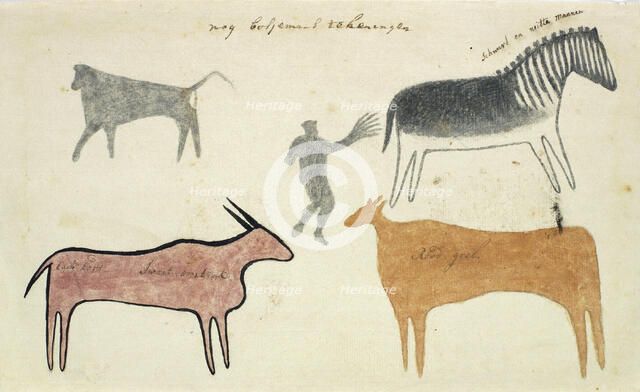 Copies of San rock paintings depicting creatures, 1777. Creator: Robert Jacob Gordon.