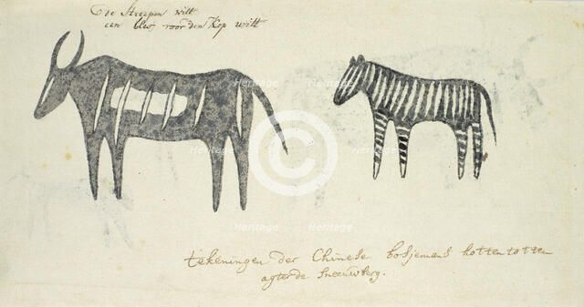 Copies after San rock-paintings of two animals, 1777. Creator: Robert Jacob Gordon.