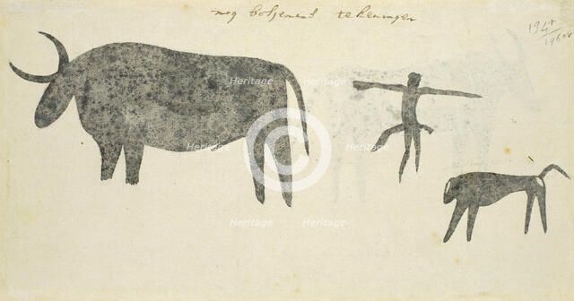 Copies after San rock-paintings of an ox, a baboon, and a man, 1777. Creator: Robert Jacob Gordon.