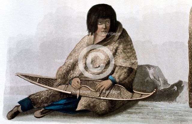 Copper Indian girl mending snow shoe, 1823. Artist: John Franklin