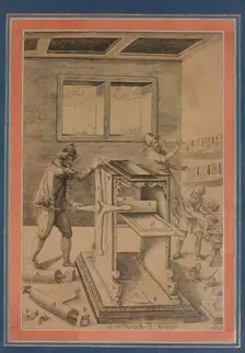 Copper Plate Printers at Work, Folio from the Davis Album, Iran, dated A.H. 1199/A.D. 1784-85. Creator: Unknown