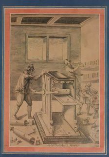 Copper Plate Printers at Work, Folio from the Davis Album, Iran, dated A.H. 1199/A.D. 1784-85. Creator: Unknown