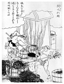 Copper smelting, a primitive method, Japan, c1900 (1956)