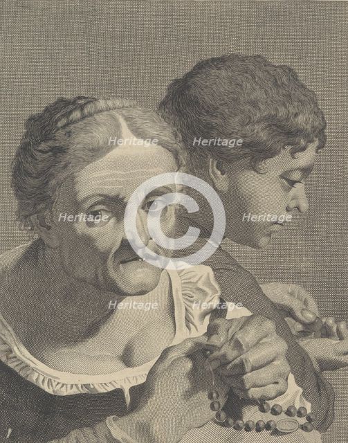 Copy in reverse of an old woman with a rosary and a boy counting coins; plate 10 fr..., ca. 1750-90. Creator: Niccolò Cavalli.