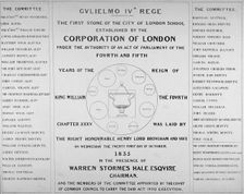 Copy of the inscription from the first stone of the City of London School, 1835. Artist: Anon