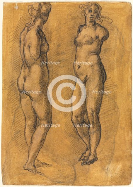 Copy of an Antique Statue of a Standing Woman (two views), over a Sketch of a Putto, 1570s. Creator: Jacopo Chimenti (Italian, c. 1554-1640).