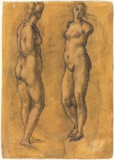 Copy of an Antique Statue of a Standing Woman (two views), over a Sketch of a Putto, 1570s. Creator: Jacopo Chimenti (Italian, c. 1554-1640)
