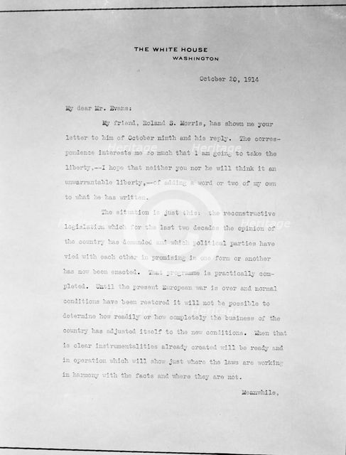 Copy of Letter On White House Stationery, October 20, 1914. Creator: Harris & Ewing.
