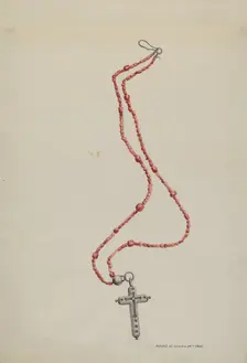 Coral Beads and Crucifix, c. 1937. Creator: Majel G. Claflin