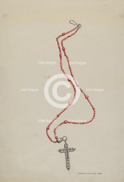 Coral Beads and Crucifix, c. 1937. Creator: Majel G. Claflin.
