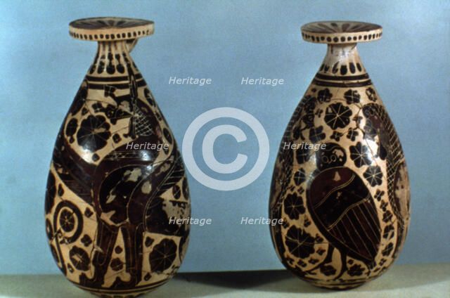 Corinthian vases decorated with black figures of animals, fantastic creatures and floral motifs.