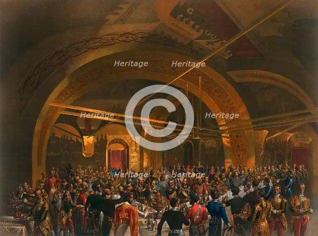 Coronation banquet for the envoys in the Golden Hall of the Great Kremlin Palace, Moscow, 1856. Artist: Mihály Zichy