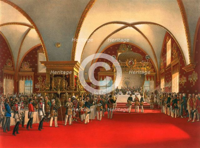 Coronation banquet in the hall of the Palace of the Facets in the Moscow Kremlin, 1856.  Artist: Georg Wilhelm Timm