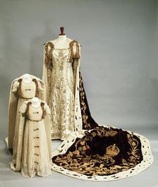 Coronation dresses and robes worn by the Queen Mother and Princesses Elizabeth and Margaret, 1937. Creator: Madame Handley-Seymour
