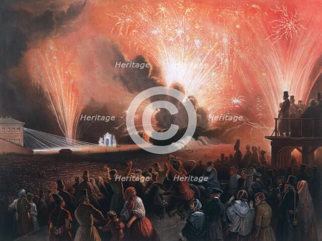 Coronation fireworks in Moscow, 1856.  Artist: Pharamond Blanchard