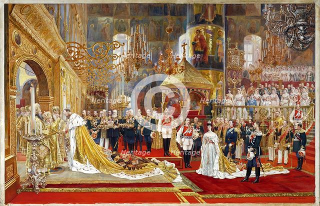 Coronation of Empreror Alexander III and Empress Maria Fyodorovna, 1883-1888. Artist: Becker, Georges (1845-1909)