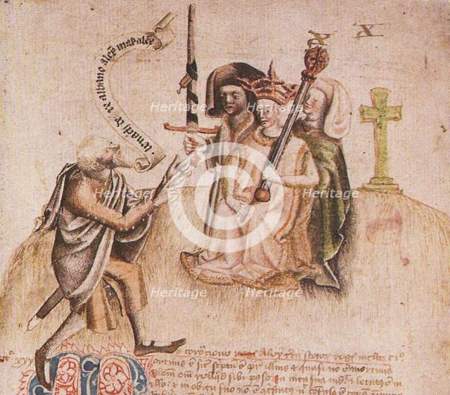 Coronation of King Alexander III on Moot Hill, Scone. From manuscript of the Scotichronicon by Walte Artist: Anonymous  