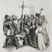 Coronation of King Wamba in Toledo, who was anointed by Bishop Quiricus on 20 September 672 (1852). Creators: José Vallejo, Capuz