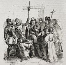 Coronation of King Wamba in Toledo, who was anointed by Bishop Quiricus on 20 September 672 (1852). Creators: José Vallejo, Capuz