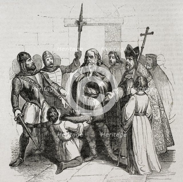 Coronation of King Wamba in Toledo, who was anointed by Bishop Quiricus on 20 September 672 (1852).  Creators: José Vallejo, Capuz.