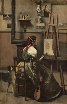 Corot's Studio: Woman Seated Before an Easel, a Mandolin in her Hand, c. 1868. Creator: Jean-Baptiste-Camille Corot
