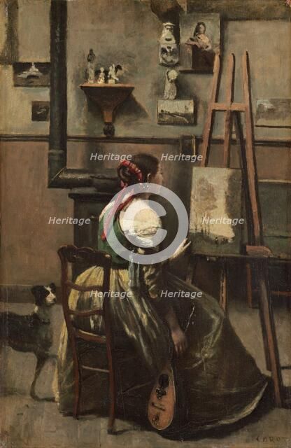 Corot's Studio: Woman Seated Before an Easel, a Mandolin in her Hand, c. 1868. Creator: Jean-Baptiste-Camille Corot.