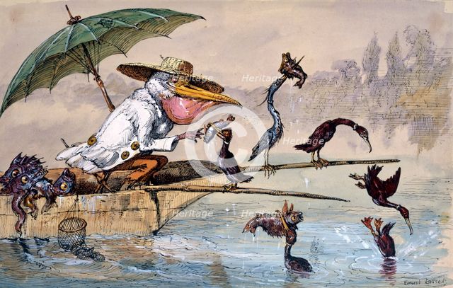 Cormorants presenting fish to a pelican in a punt under an umbrella, c1864-1907. Artist: Ernest Henry Griset