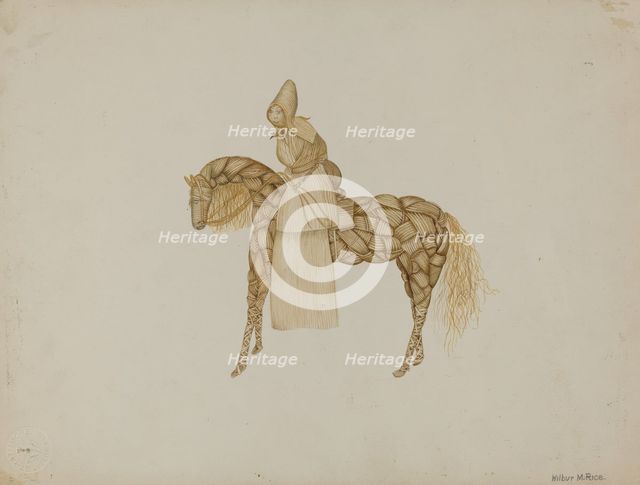 Corn Husk Doll on Horse, 1935/1942. Creator: Wilbur M Rice.