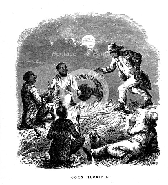 'Corn Husking'; Negro labourers husking maize, southern USA, c1850. Artist: Unknown